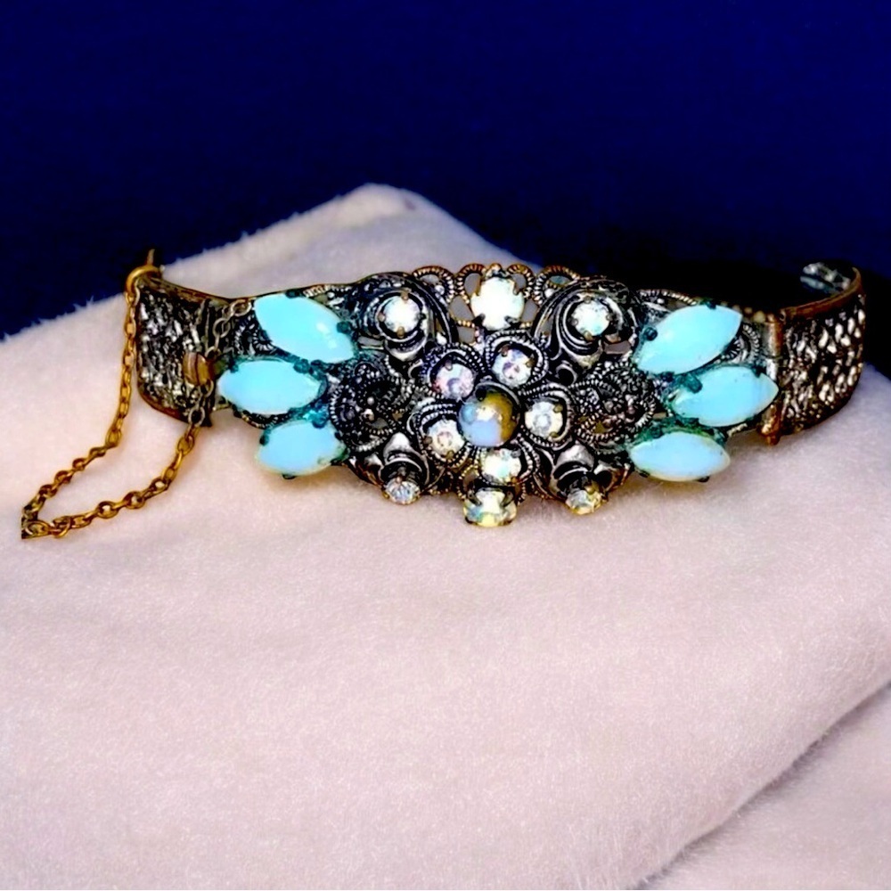 Antique Glass Moonstone Rhinestones Filagree Bracelet Not Marked Made in Germany